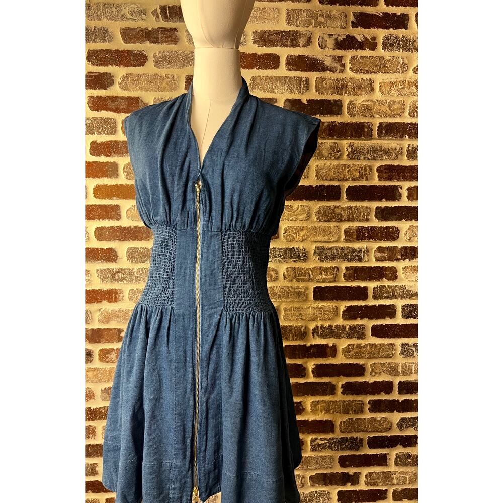 Anthropologie The Tommie Cap-Sleeve Denim Smocked Front Zip Mini Dress Women's S